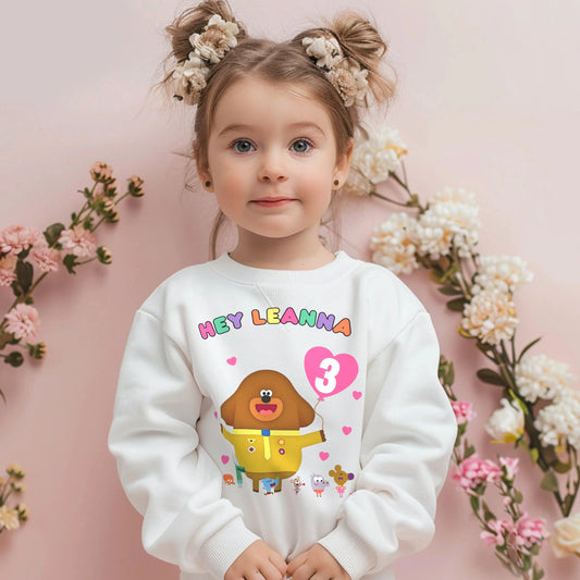 Hey Duggee Birthday Sweatshirt - Personalised Hey Duggee Birthday jumper, Hey duggee personalised top, hey duggee jumper, hey duggee birthday sweatshirt, girls personalised birthday hey duggee sweatshirt