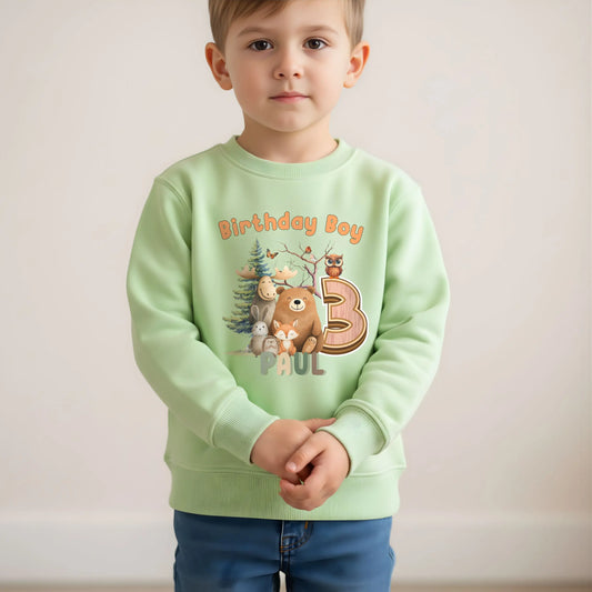 Woodland animal birthday sweatshirt: A children's birthday jumper featuring a woodland animal theme. The shirt displays a forest scene with a playful fox, a curious bear, and a gentle bear, surrounded by lush greenery. The design uses earthy tones and vibrant greens to create a natural look. At the top, the words “Birthday Boy” are printed, with space for a personalized name underneath.