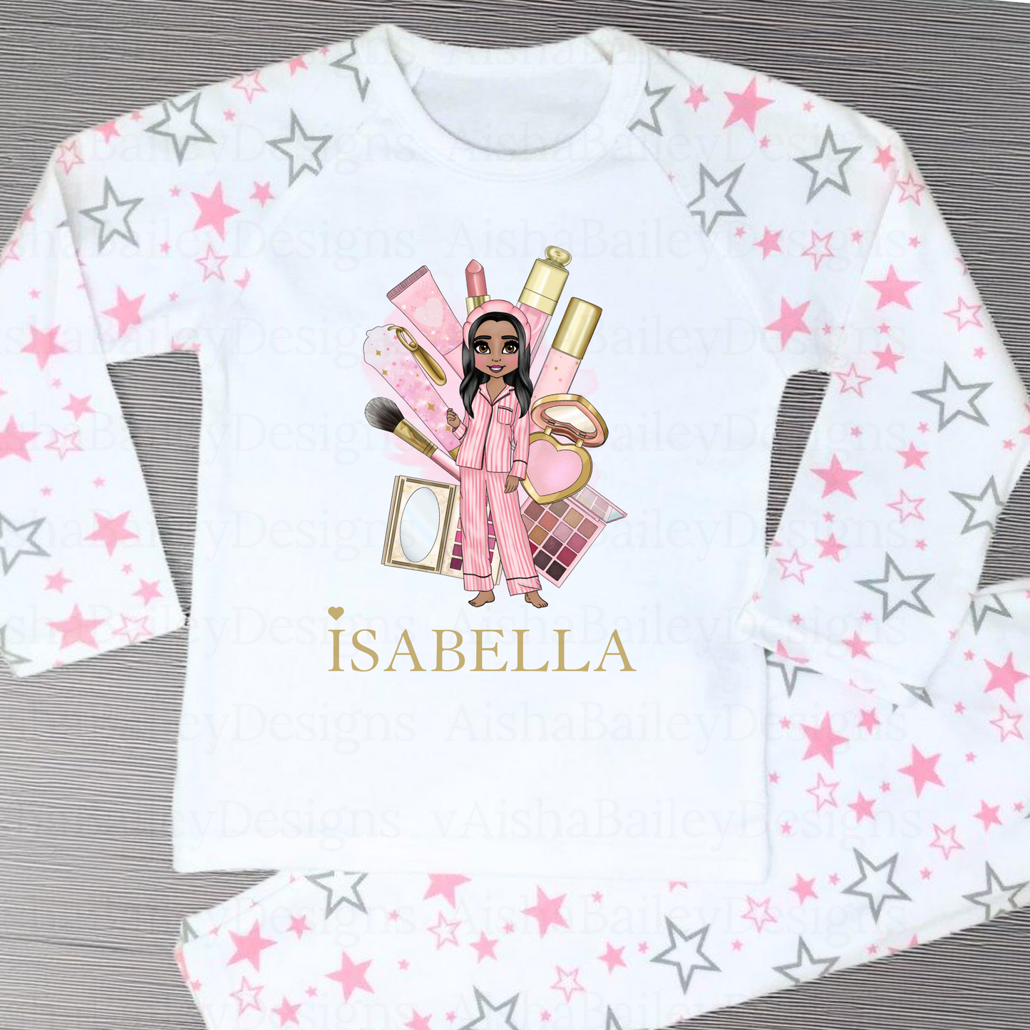 Girls makeup pyjamas, custom name pyjamas, pamper pyjamas, spa day nightwear, makeup dolly design, plouise pyjamas girl