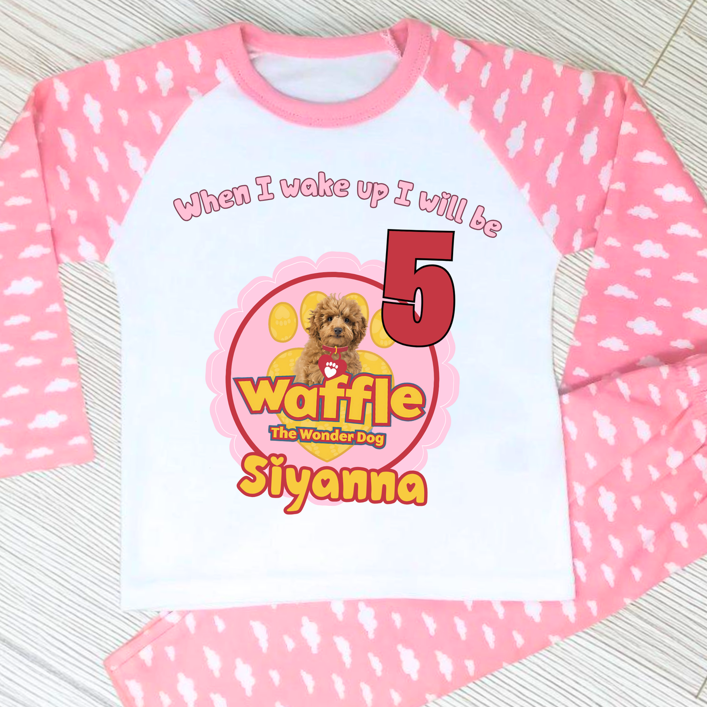 waffle birthday pyjamas, when i wake up waffle, girls waffle the wondedog, custom name pyjamas