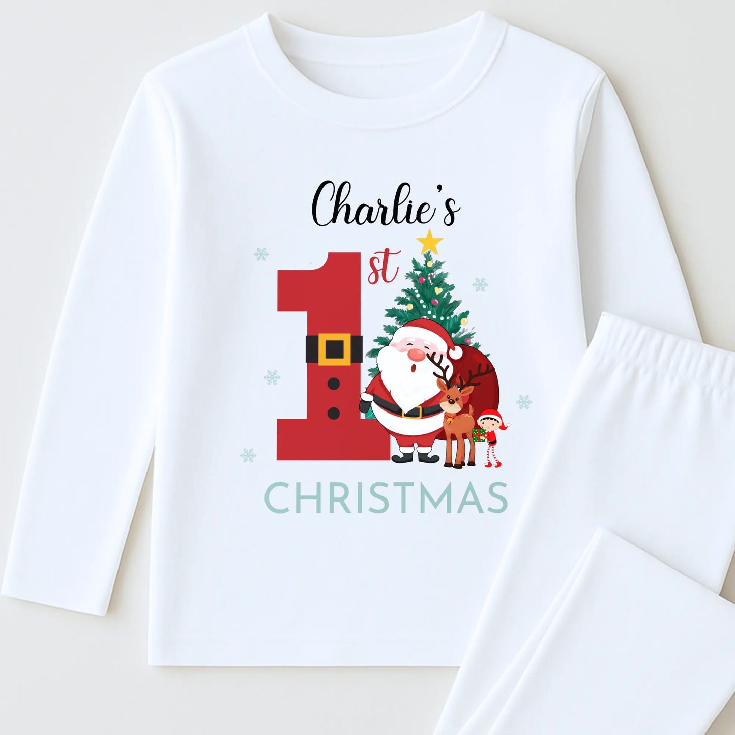 First Christmas Pyjamas, Personalised white baby 1st Christmas pyjamas with Santa and Christmas tree design
