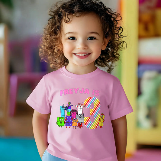 Numberblocks birthday t-shirt personalised with name and age
Girls personalised Numberblocks birthday shirt with rainbow age design
Custom Numberblocks birthday outfit for milestone birthdays