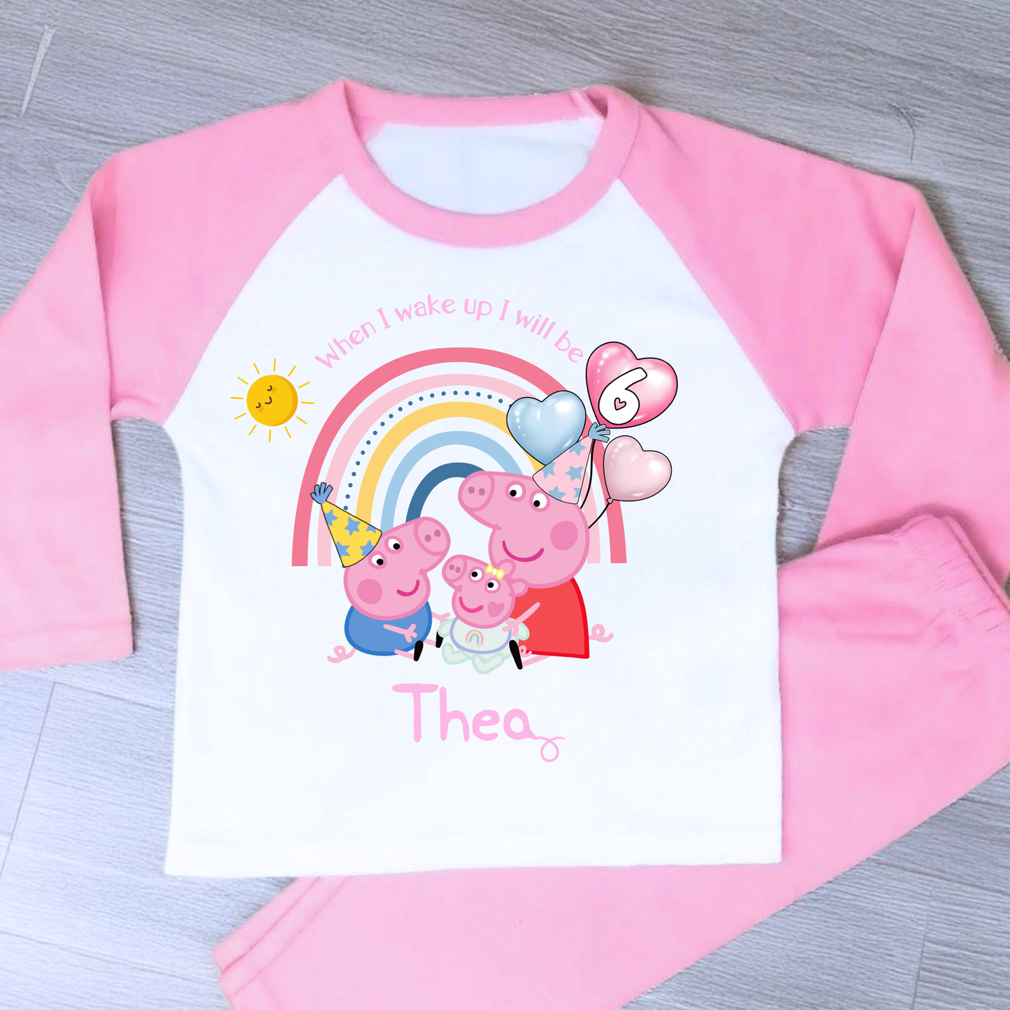 Personalised girls Peppa Pig Birthday Pyjamas featuring Peppa, George, and baby sister Evie; soft cotton; vibrant design; ideal birthday gift; peppa pigs sibling, peppa's baby sister