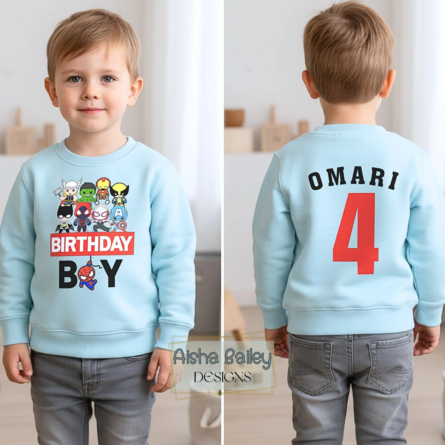 Personalised superhero birthday sweatshirt for kids with name and age on back, colourful superhero design on front, custom birthday outfit