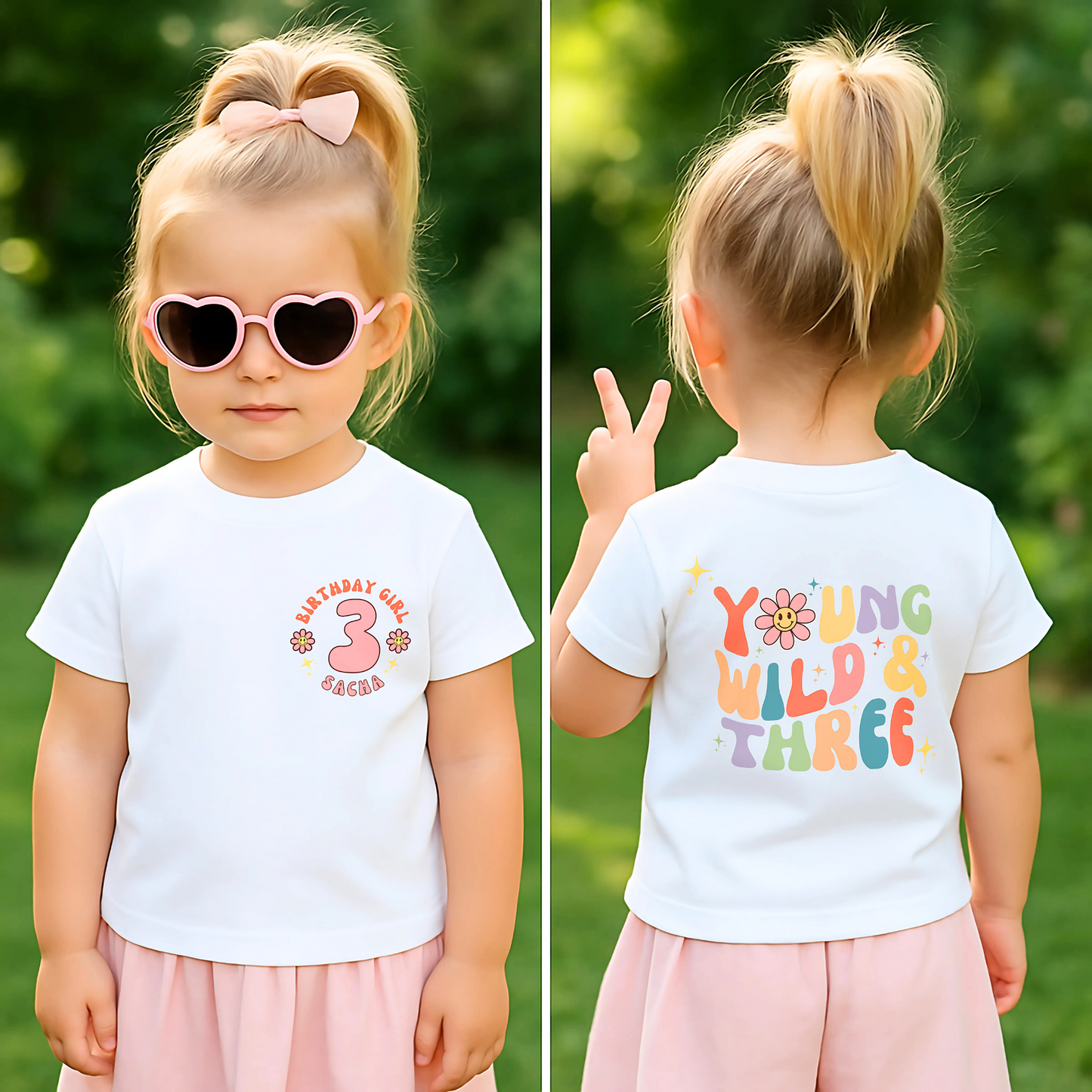 Young Wild and three birthday t-shirt: A girls' birthday T-shirt with a "Young Wild and Three" theme, showcasing a groovy retro style. The front features whimsical retro emojis and the words "birthday girl" alongside a customisable name on the left breast. The back displays bold retro fonts and graphics for a nostalgic touch. Made from soft, high-quality fabric, this vibrant and playful tee is designed for comfort and style, perfect for third birthdays.