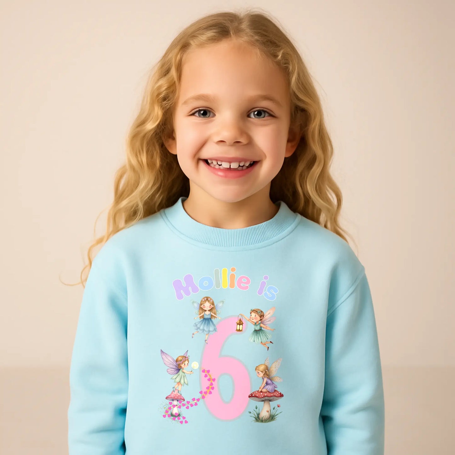 personalised fairy birthday sweatshirt for girls. Custom name & age design, perfect magical birthday outfit or gift for toddlers and children.