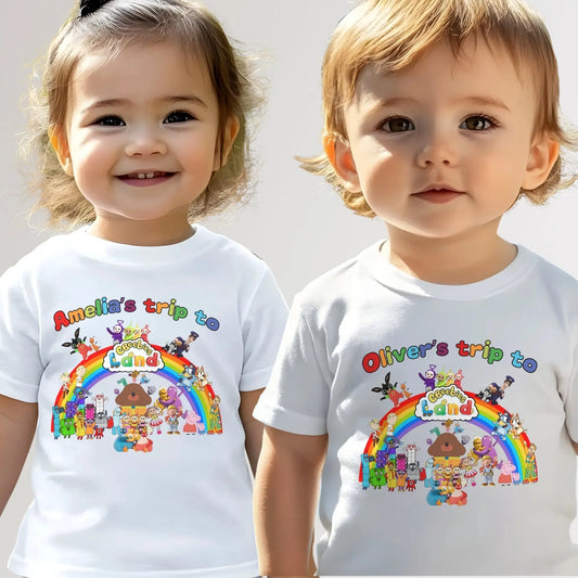 Personalised CBeebies Land t-shirt for children first trip
Kids first trip to CBeebies Land personalised holiday shirt
Custom family vacation t-shirt for children with CBeebies design
