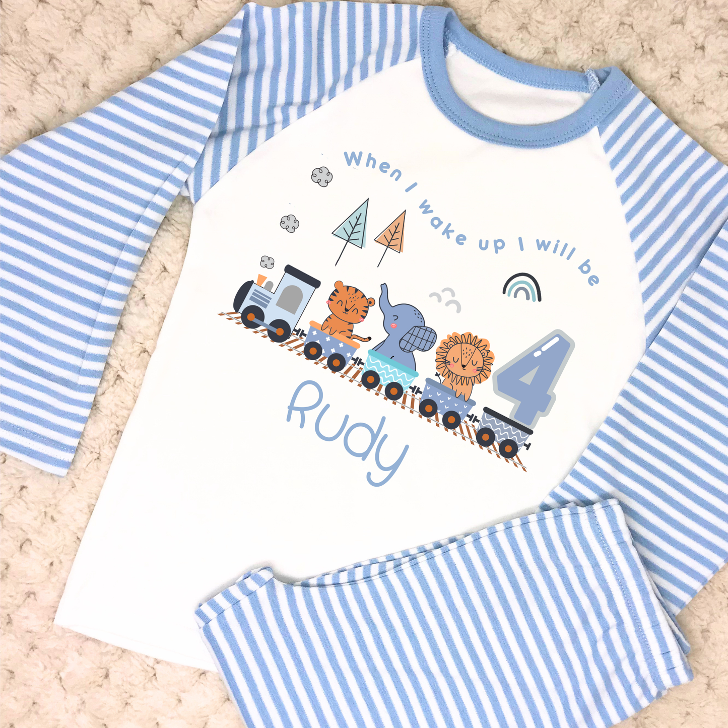 Safari Birthday Pyjamas for Boys - Personalised Safari Animal Train PJs, When I wake up jumgle theme, safari birthday pjs, wild one birthday pajamas
