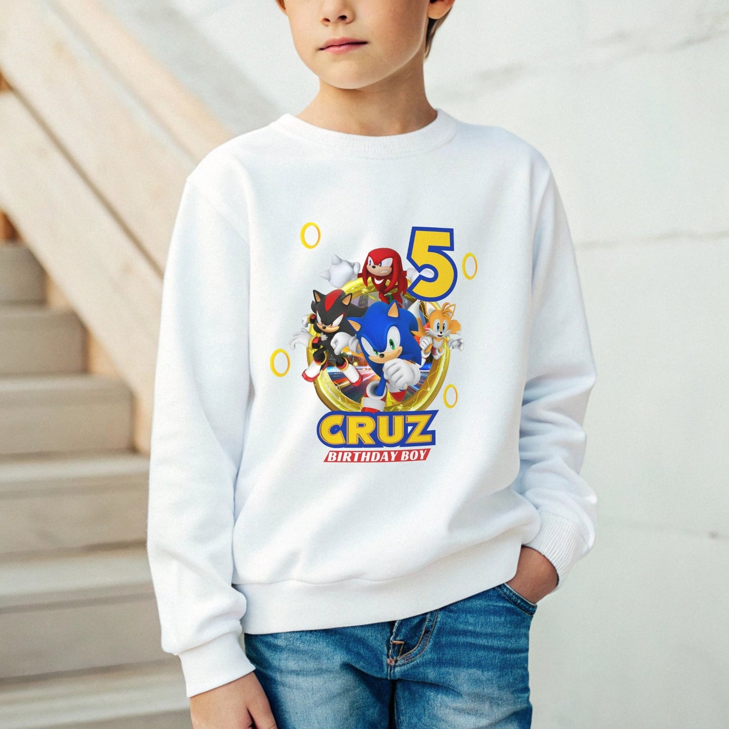 Sonic birthday sweatshirt, sonic jumper with name, custom sonic sweatshirt, gamers birthday jumper, personalised birthday gift, boys sonic birthday outfit