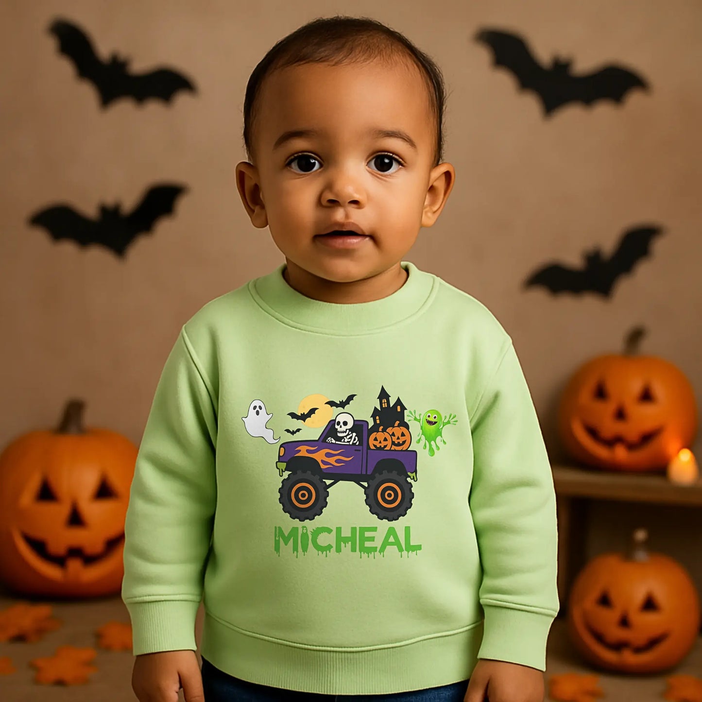 Personalised Halloween Sweatshirt, Halloween Monster Truck Sweatshirt with ghost, pumpkins, and personalized name for kids