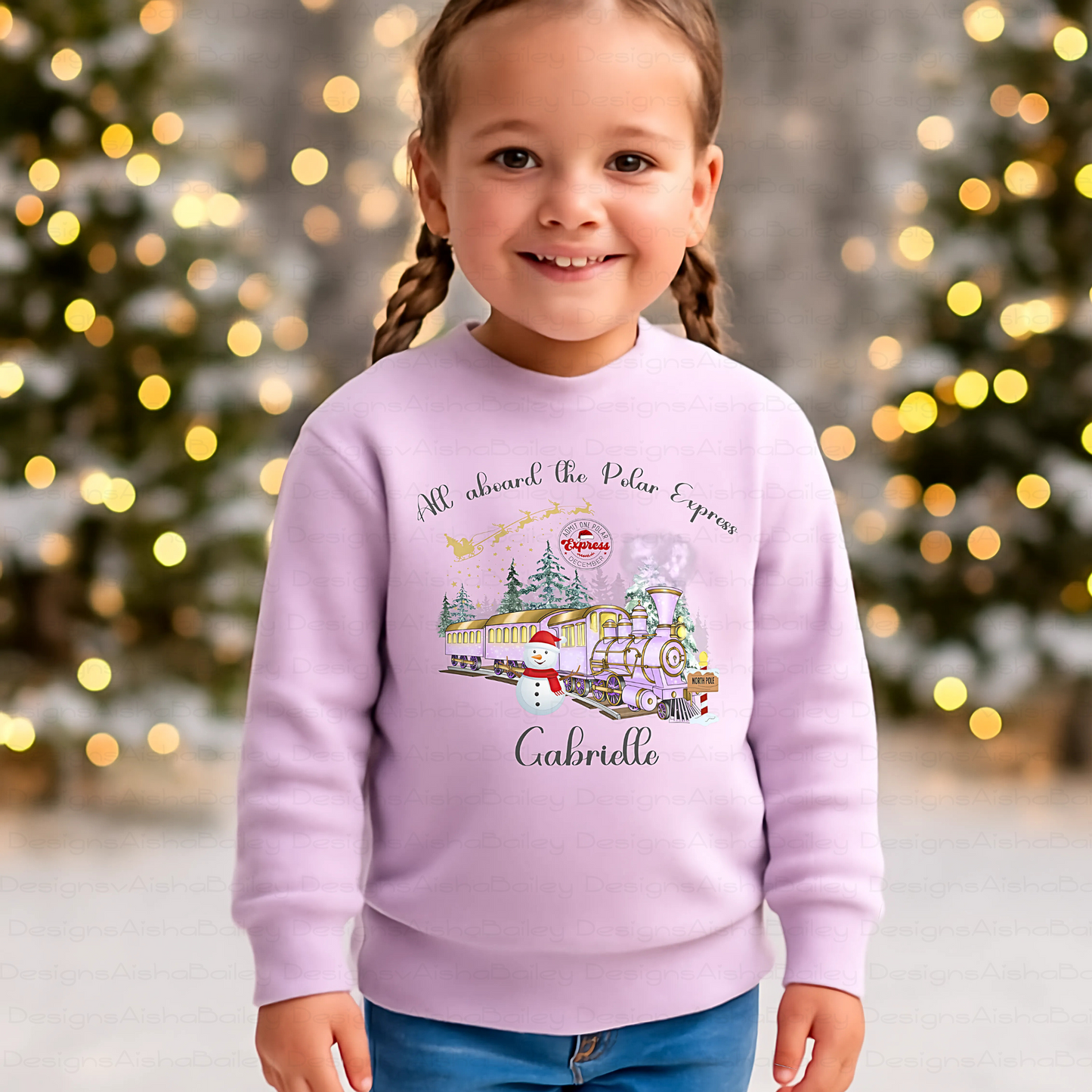 personalised christmas sweatshirt for girls featuring polar express festive design, soft cosy jumper customised with name, perfect Christmas gift outfit, Christmas jumper day