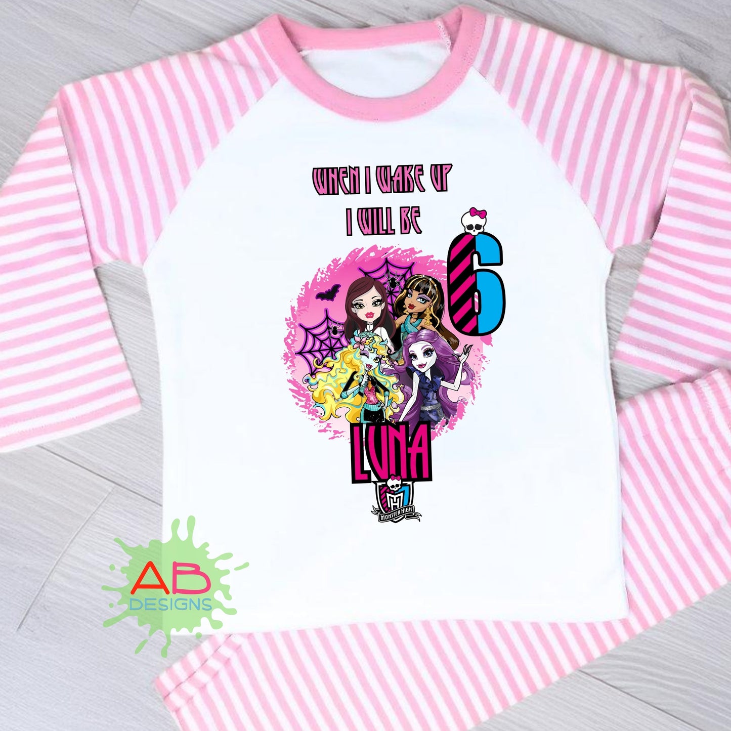 Monster high birthday pyjamas, Girl birthday PJs, Pink Monster High Girl pyjamas, Personalised Birthday PJS Monster Gothic Girl pyjamas, When I wake up monster high