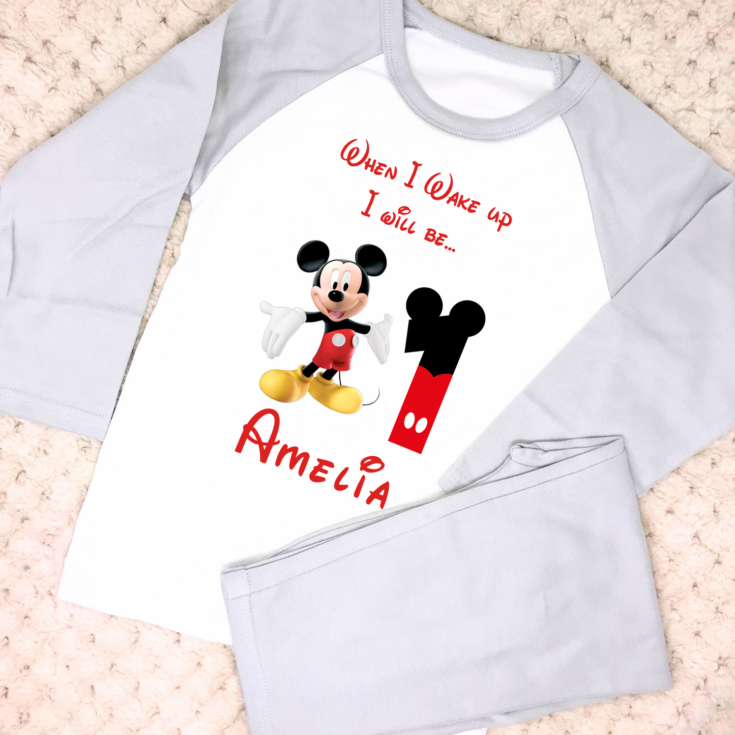 Mickey Mouse Birthday Pyjamas - Girls' Personalised Mickey Mouse Birthday Nightwear, personalised mickie pjs, when I wake up mickie mouse, personalised disney mickie birthday pjs