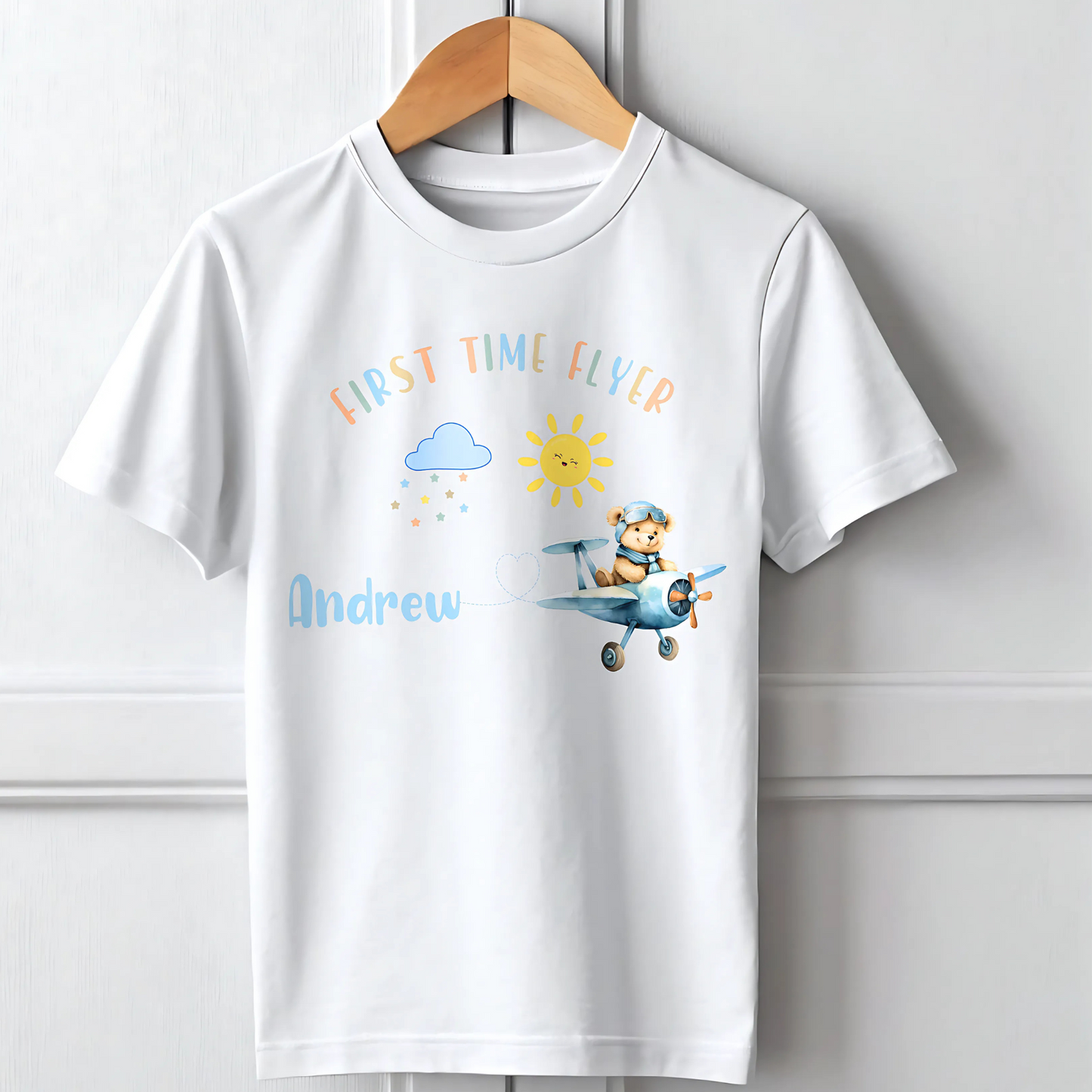 Family Vacation Shirt - Children's Personalised Teddy First Flyer Tee, kids first holiday top, first flyer tee, baby 1st flyer