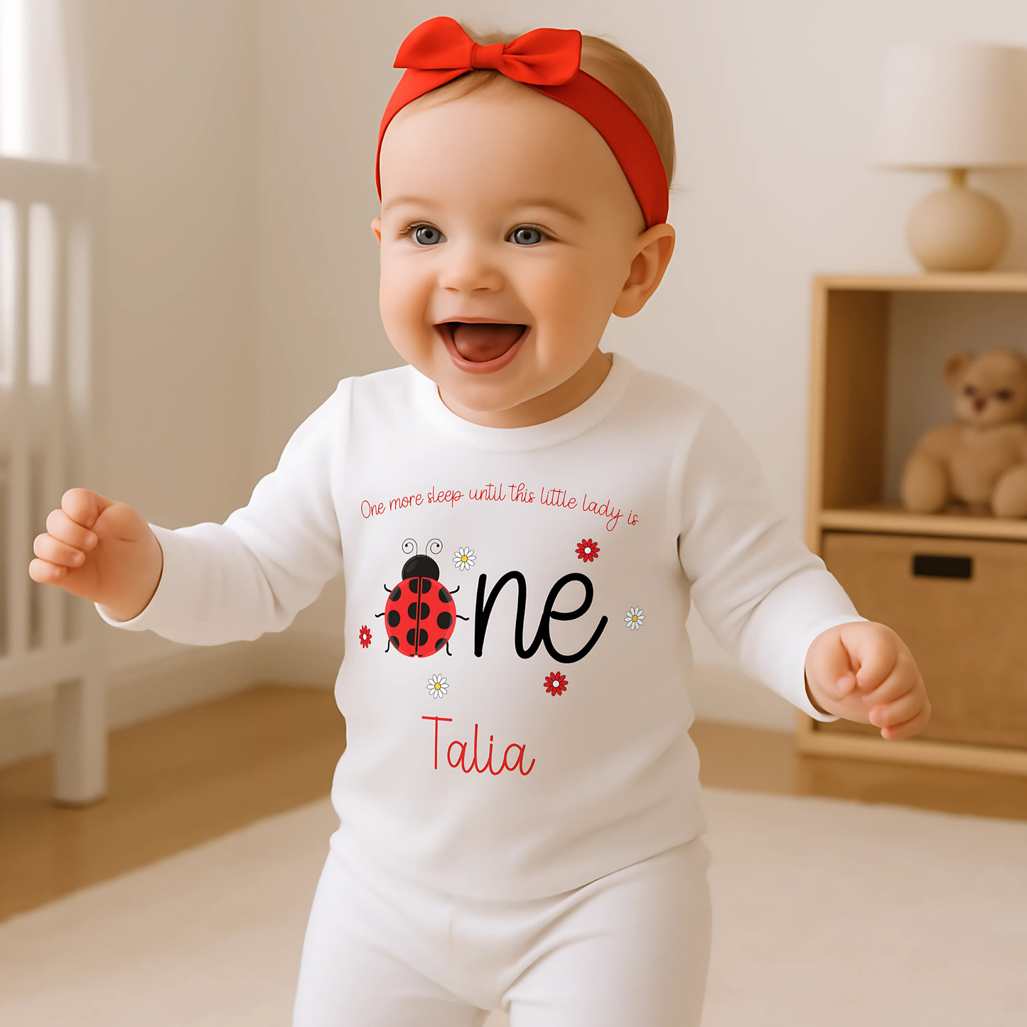 personalised 1st birthday pyjamas, When I wake up one, I am one, custom name pajamas, ladybird birthday pyjamas