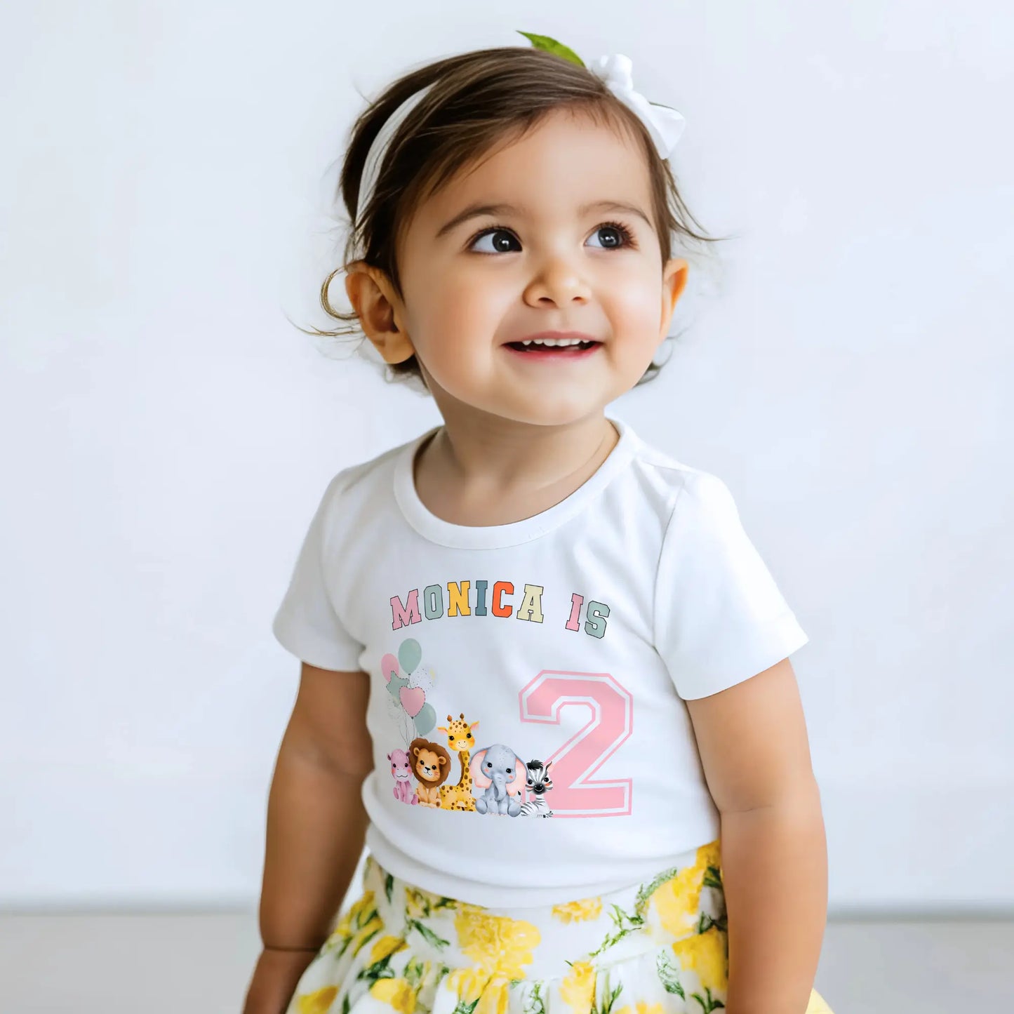 Personalised safari birthday t-shirt for girls with jungle animals, Custom girls jungle animal birthday shirt with name and age.