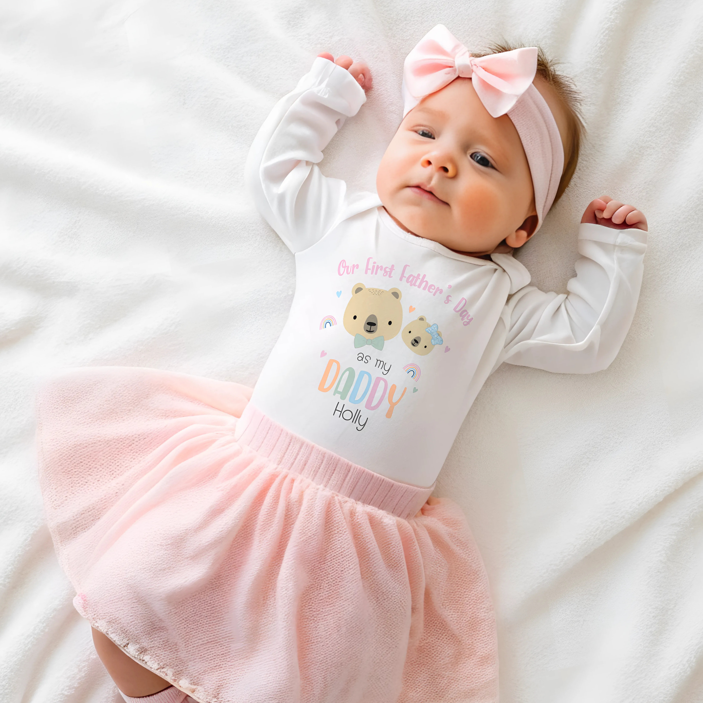 Baby Girls Personalised Teddy Bear 1st Father's Day Outfit: Sleepsuit, Vest, T-Shirt or Bib