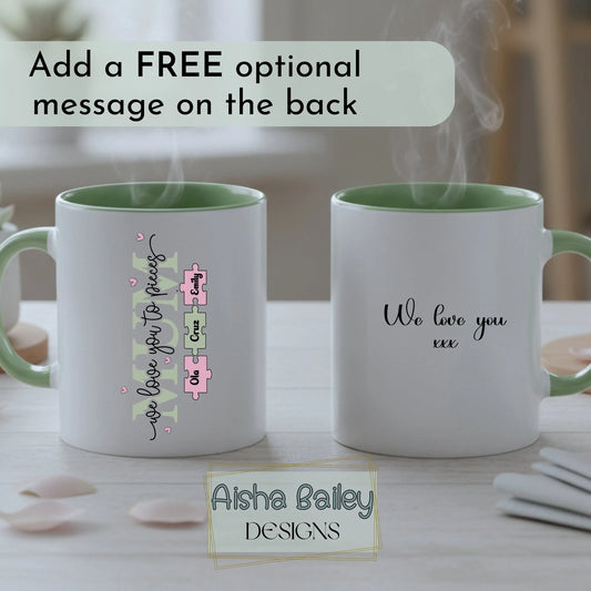 Personalised mum mug with We Love You To Pieces puzzle design and custom names, thoughtful gift for mum for mother's day