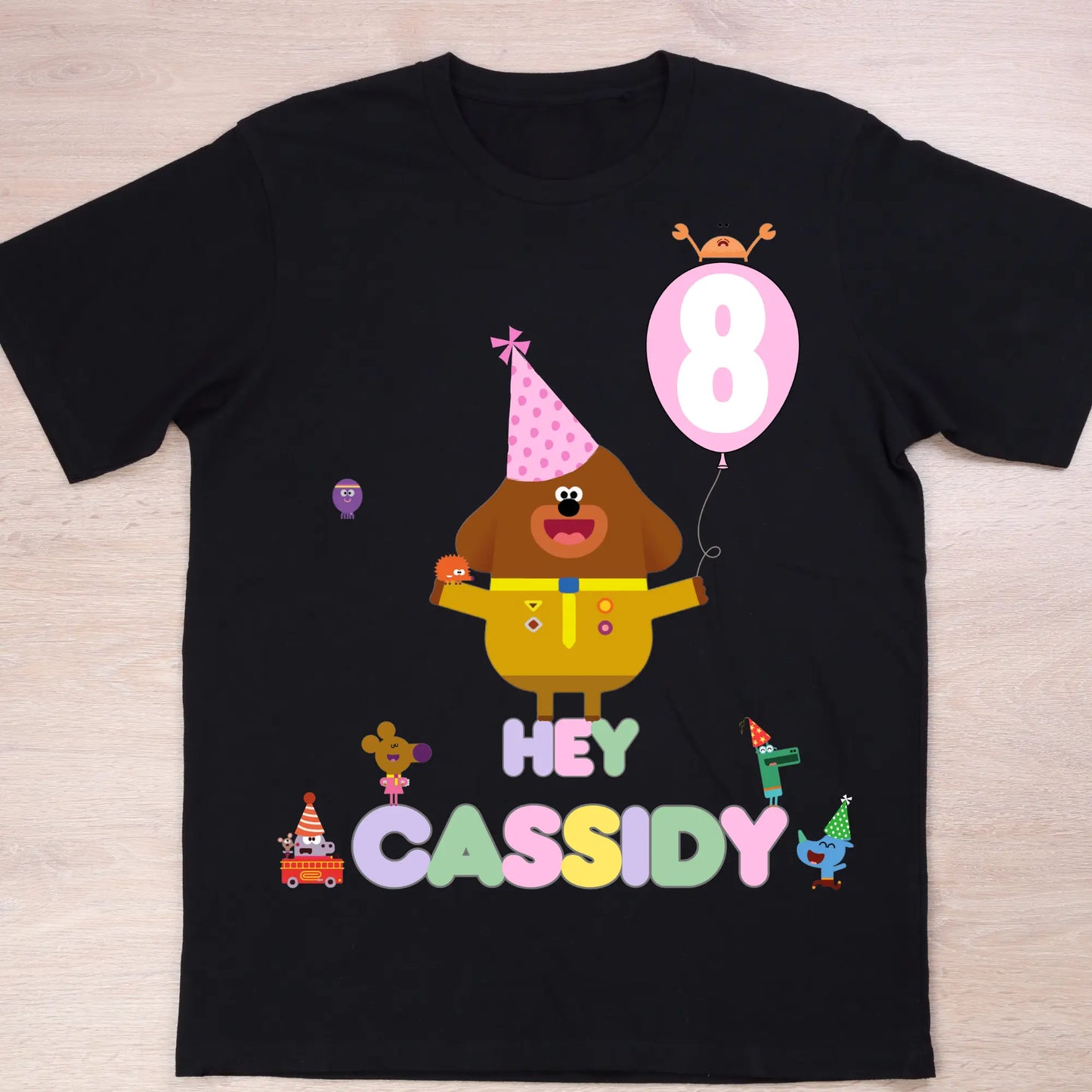 Girls personalised hey duggee birthday t-shirt black tee