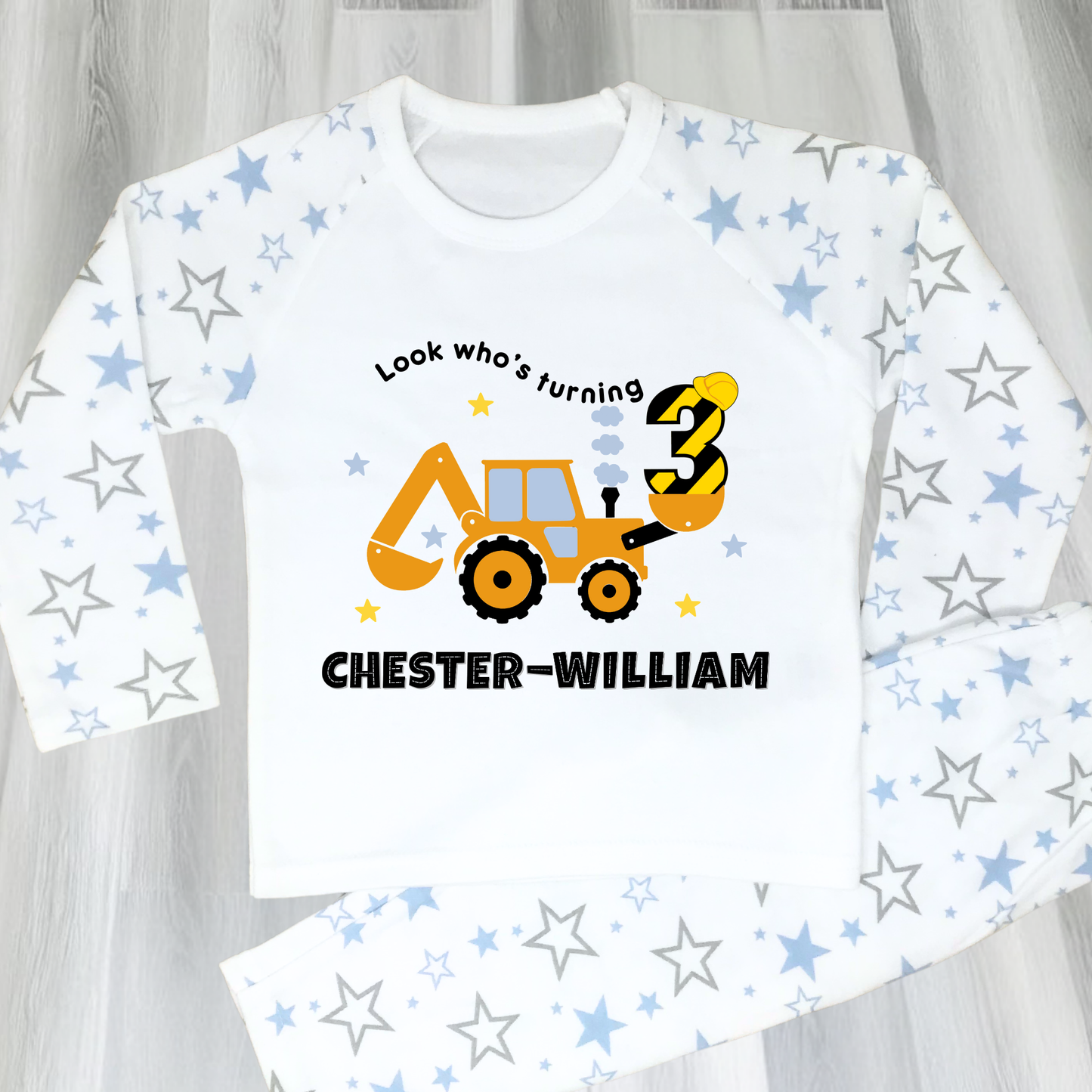 personalised digger pyjamas, boys tractor pyjamas with name, personalised toddler pyjamas, toddler birthday ideas,