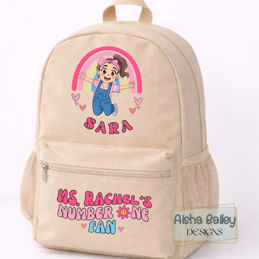 Personalised Ms Rachel backpack for kids with custom name, rainbow design toddler school bag in pink, blue and beige