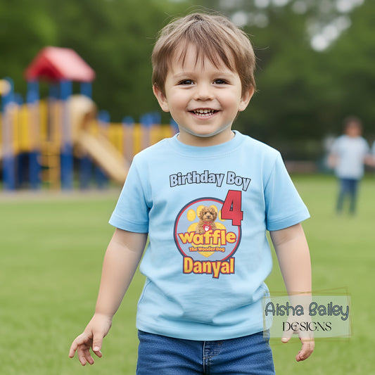 Waffle birthday t-shirt personalised for boys with custom name and age