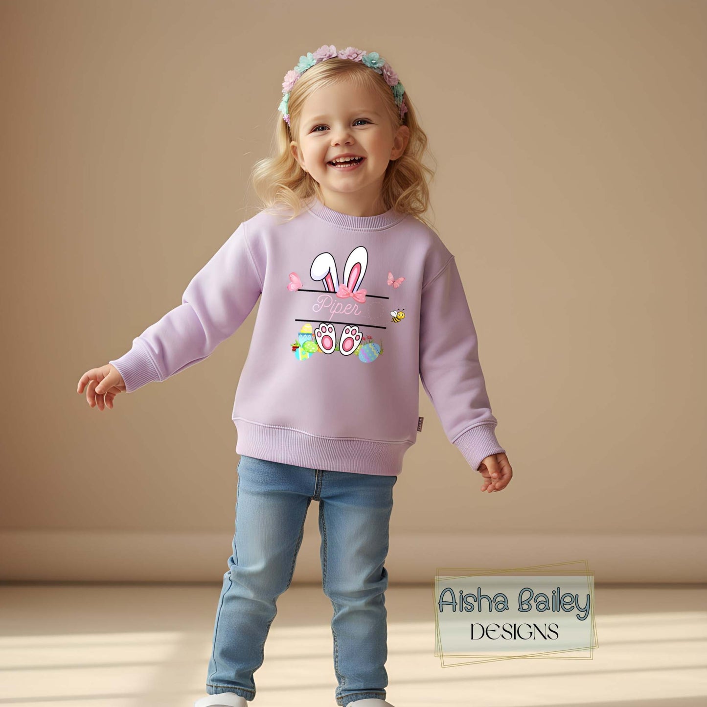 Personalised Easter Top for girls with a white rabbit and custom name. Choice of t-shirt or sweatshirt