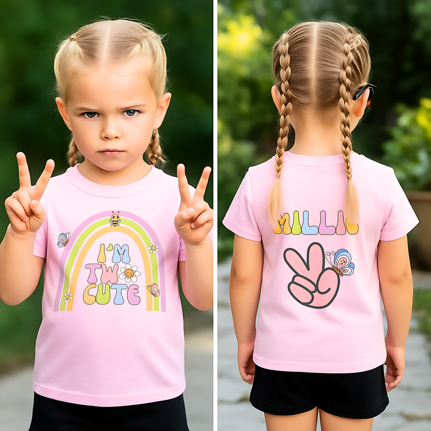 Two cute birthday t-shirt: An adorable birthday T-shirt for two year old girls featuring a whimsical boho retro rainbow on the front, complemented by nostalgic retro emojis and a groovy font. Crafted from soft, high-quality fabric for comfort, this vibrant tee is perfect for standing out during birthday celebrations or casual outings. 2nd birthday outfit
