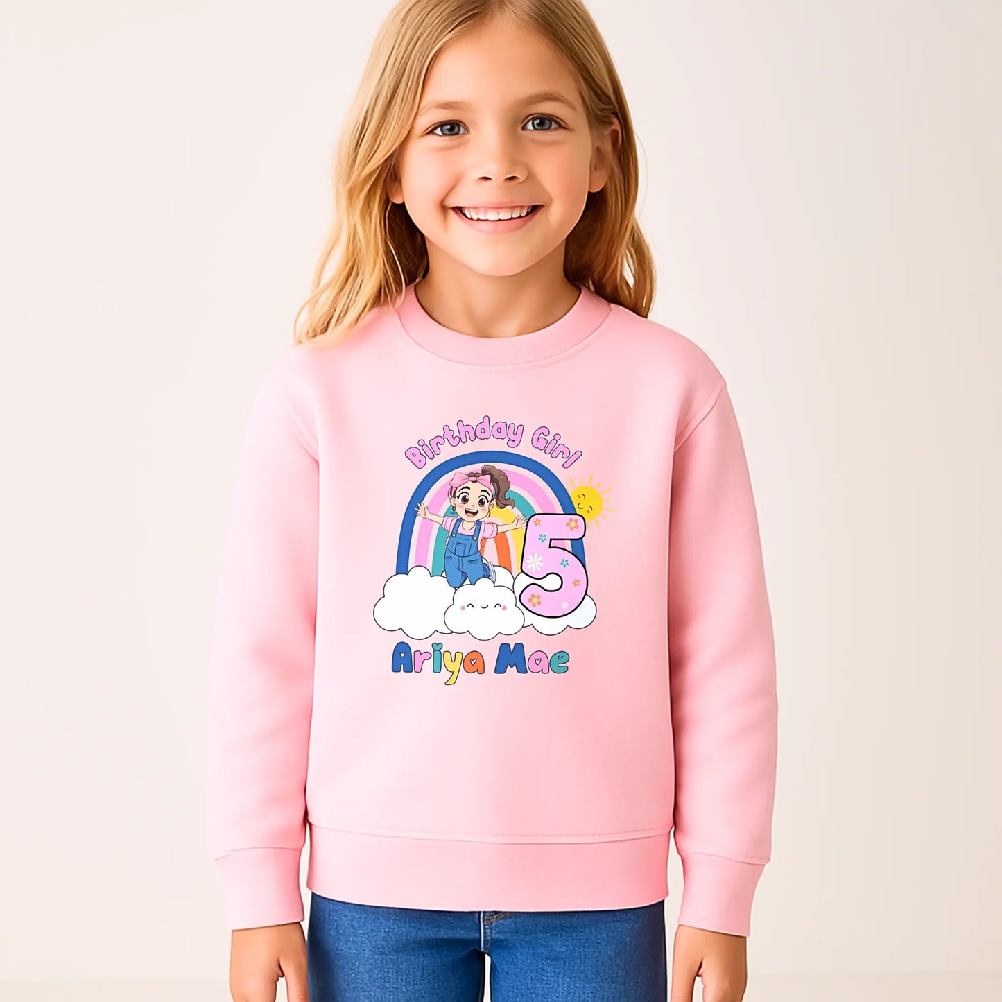 Ms Rachel birthday sweatshirt with custom name and age. Girls birthday gift