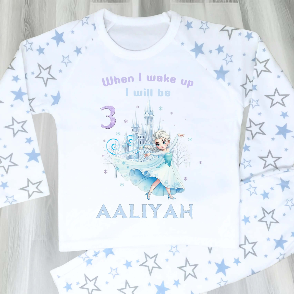 Frozen Elsa Birthday Pyjamas for Girls Personalised with Name & Age: Raglan & White Frilly PJs AishaBaileyDesigns