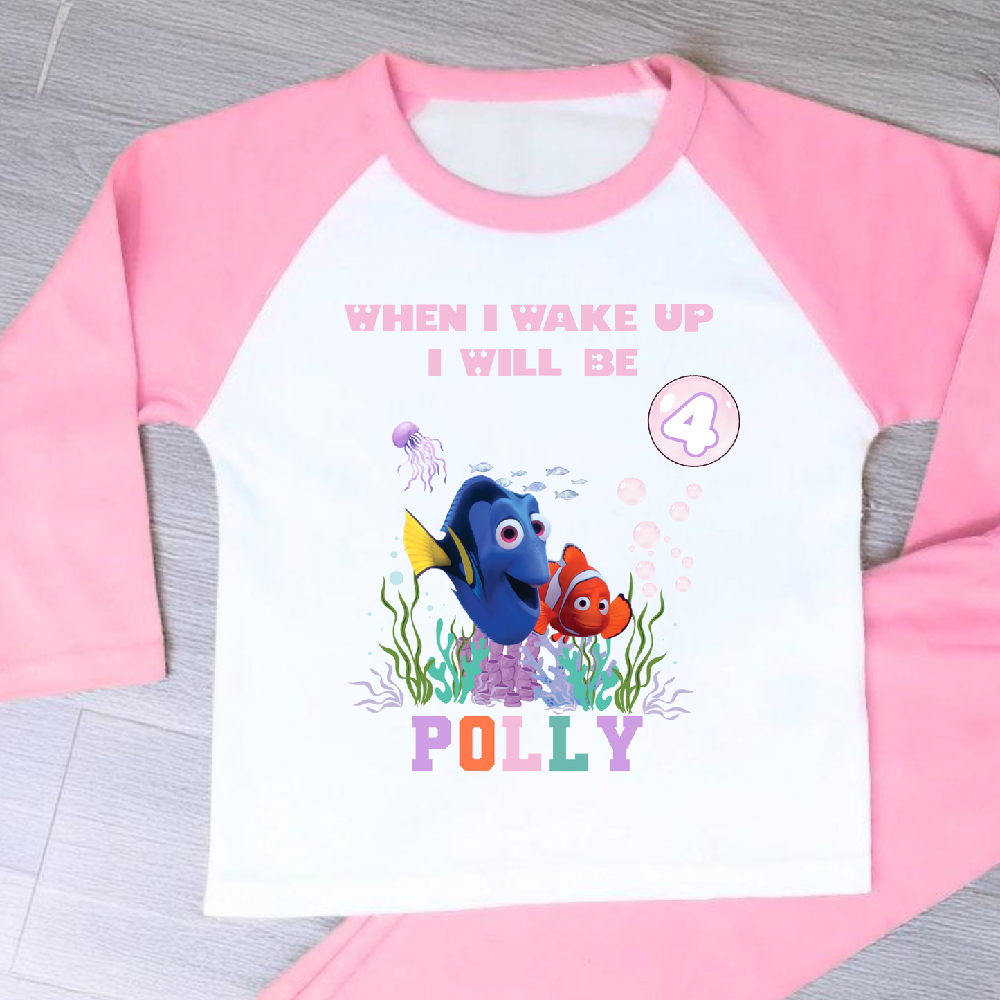 Nemo and Dory birthday pyjamas personalised with under the sea theme for girls