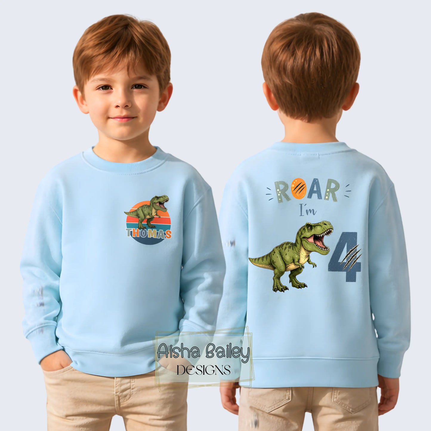 Personalised Boys Dinosaur Birthday Sweatshirt, Roar I’m 4 - 4th Birthday Jumper AishaBaileyDesigns