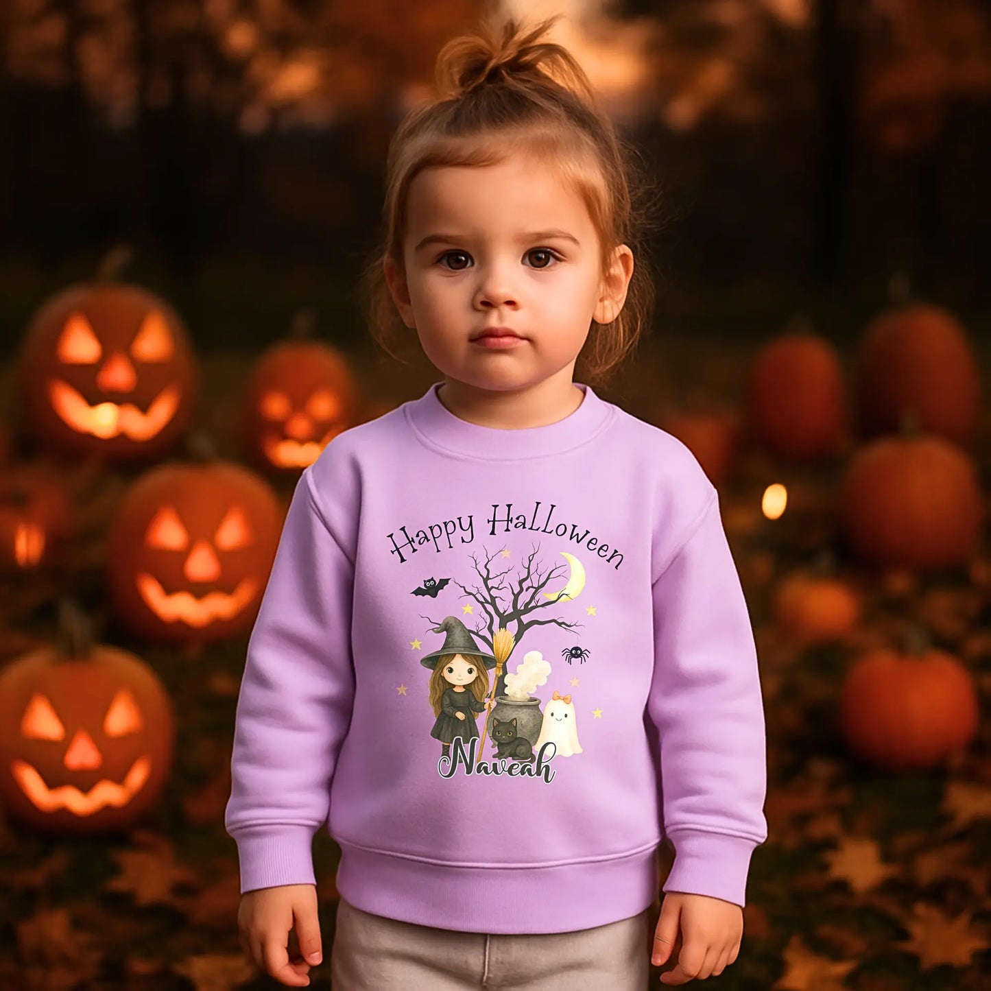 Personalised Halloween sweatshirt with cute witch design for kids, girls halloween jumper sweater with name, custom name halloween jumper