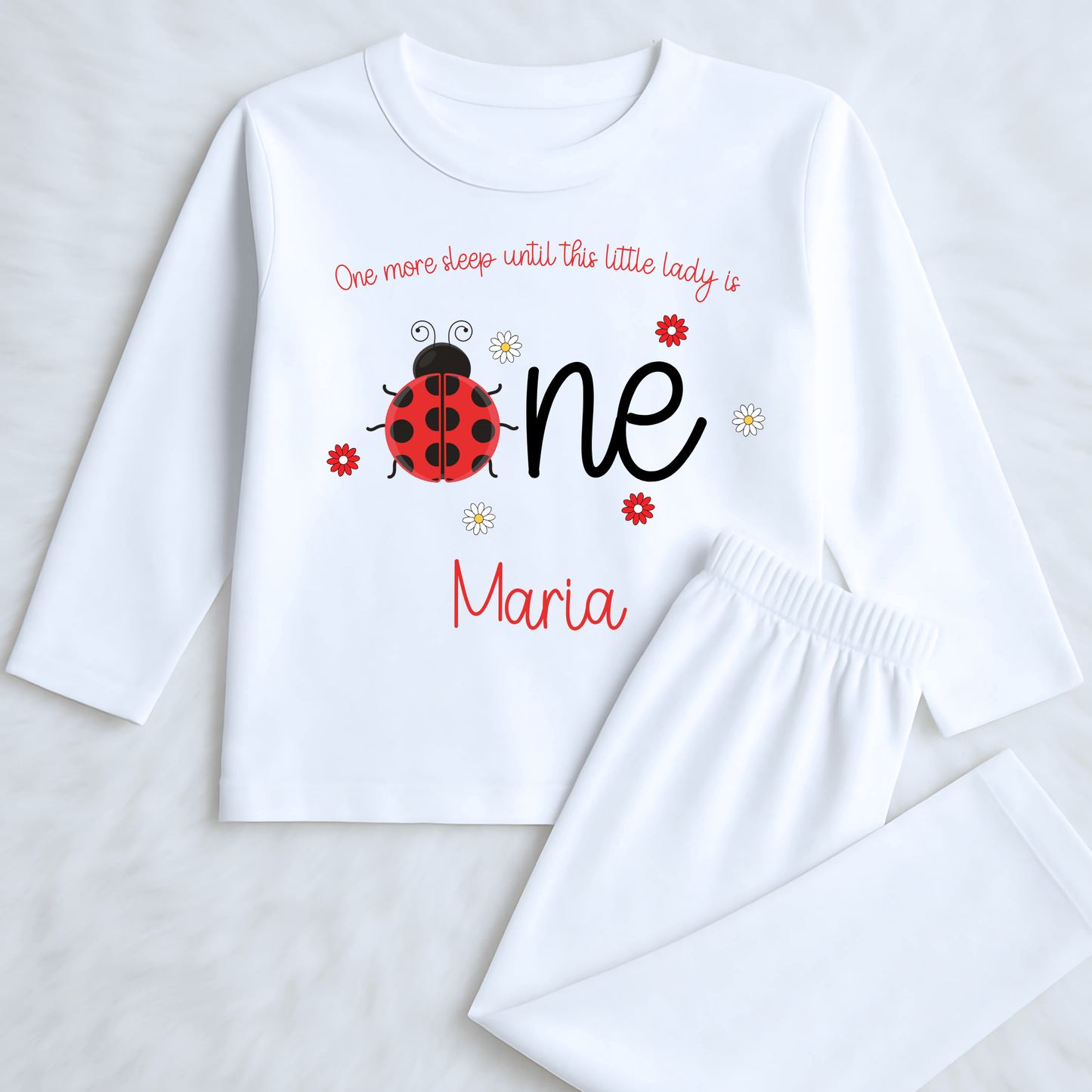 personalised 1st birthday pyjamas, When I wake up one, I am one, custom name pajamas, ladybird birthday pyjamas