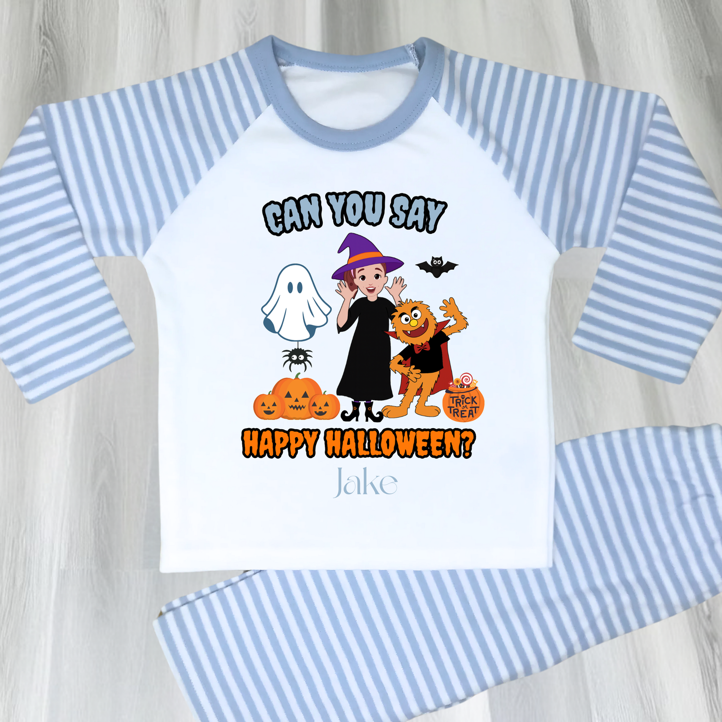 Boys personalised Ms Rachel Halloween pyjamas with “Can You Say Happy Halloween?” design and child’s name
