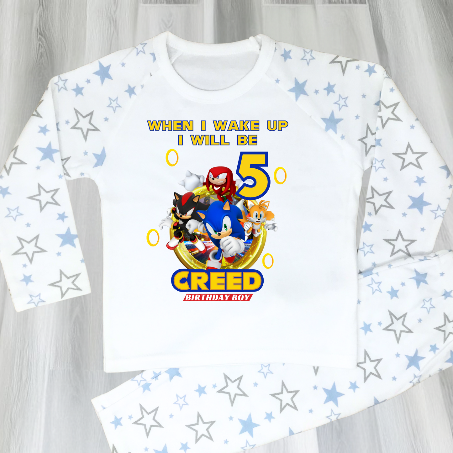 Boys Sonic birthday pyjamas, boys personalised sonic, gamers birthday pjs, sonic the hegehog pjs, sonic birthday pajamas