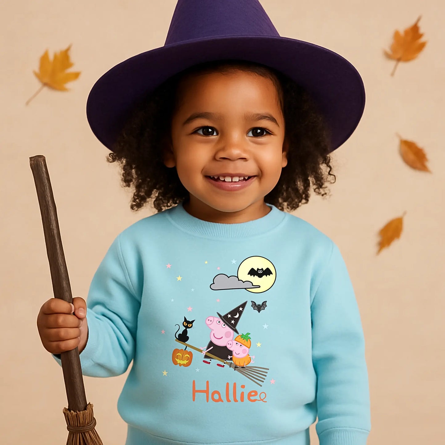 personalised halloween sweatshirt, Personalised Peppa Pig Halloween sweatshirt for kids with witch design and custom name