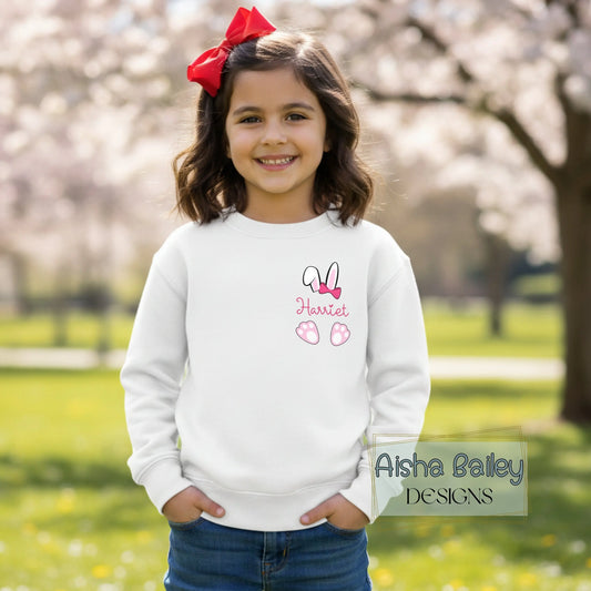 Personalised Easter top for girls with bunny ears design and custom name on left breast. Available in sweatshirt and t-shirt, Easter gift for kids