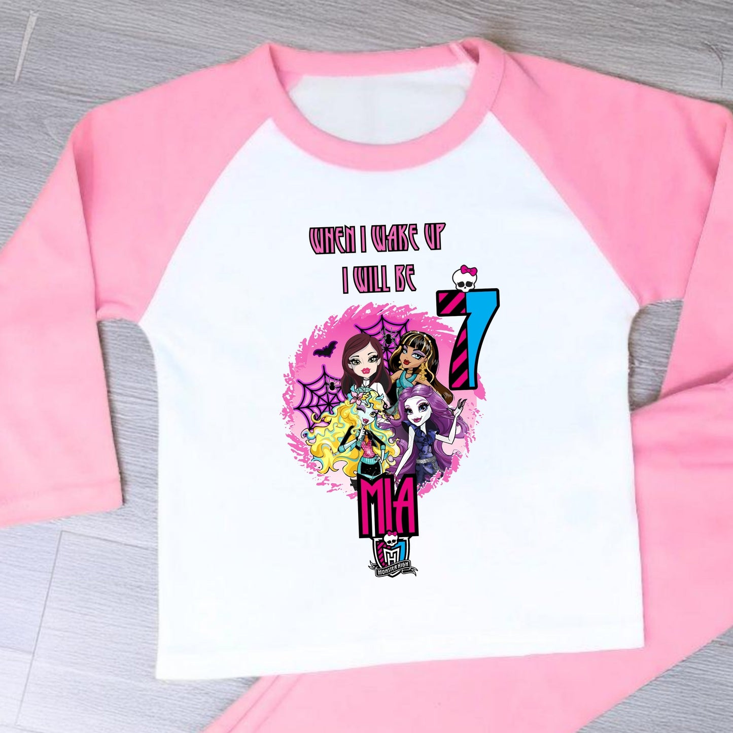Monster high birthday pyjamas, Girl birthday PJs, Pink Monster High Girl pyjamas, Personalised Birthday PJS Monster Gothic Girl pyjamas, When I wake up monster high