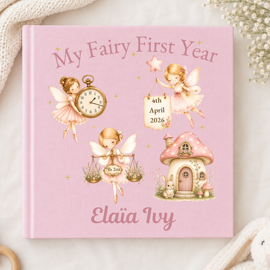 Personalised Baby Photo Album My Fairy First Year in pink or white, personalised with baby's name, birth date, time and weight.