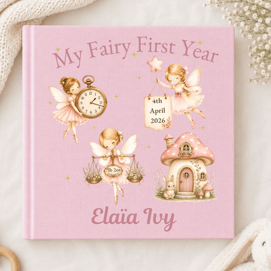 Personalised Baby Photo Album My Fairy First Year in pink or white, personalised with baby's name, birth date, time and weight.