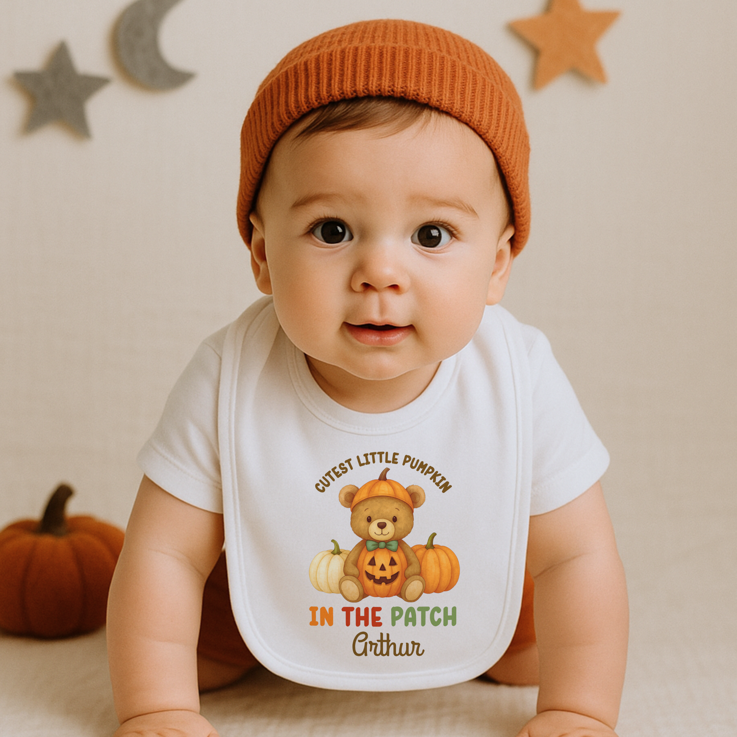 First Halloween Outfit: Personalised Halloween baby bib, romper, vest or t-shirt with teddy bear “Cutest Pumpkin in the Patch” design.