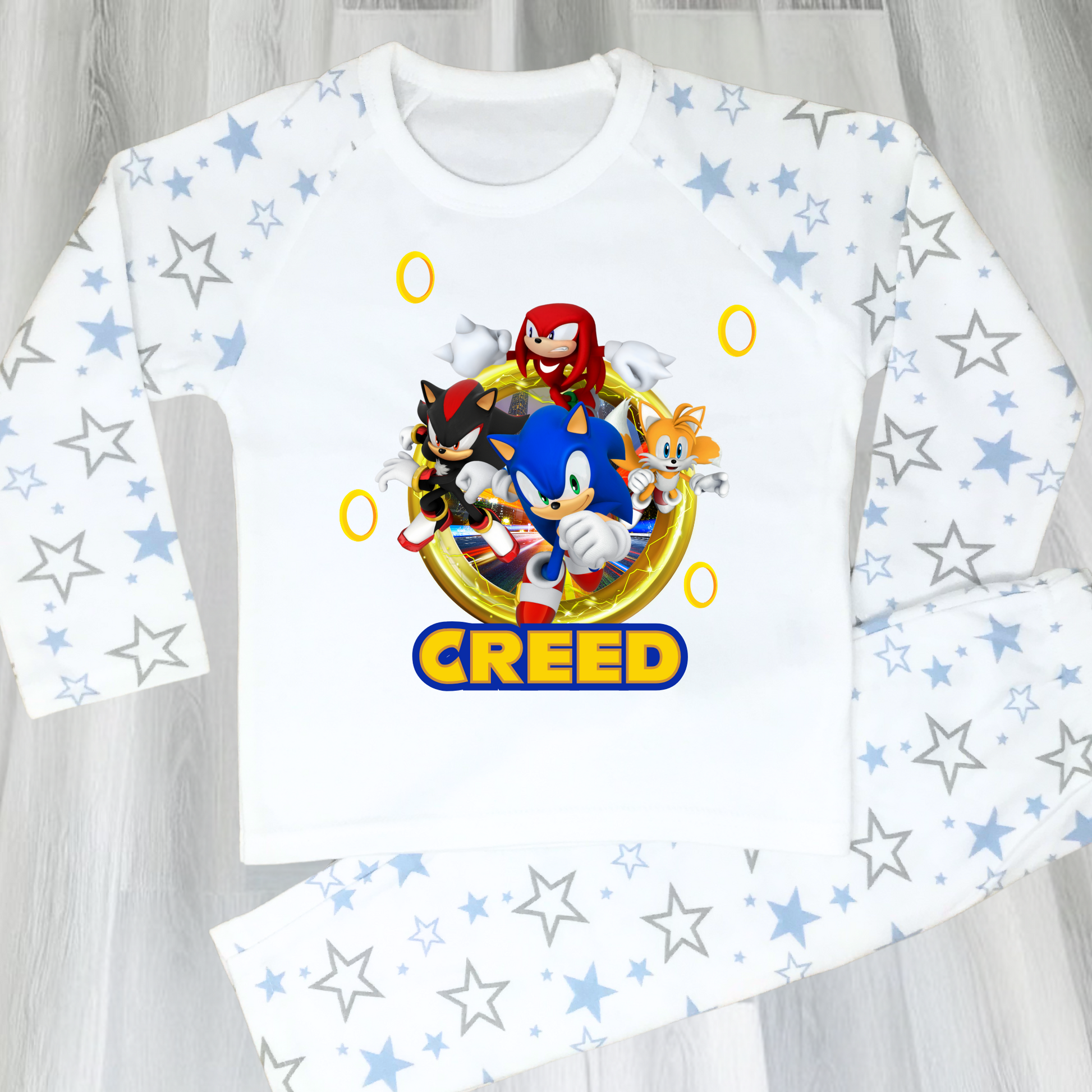 Sonic personalised pyjamas, sonic custom pajamas, gamers pjs with name, boys custom sonic pjs