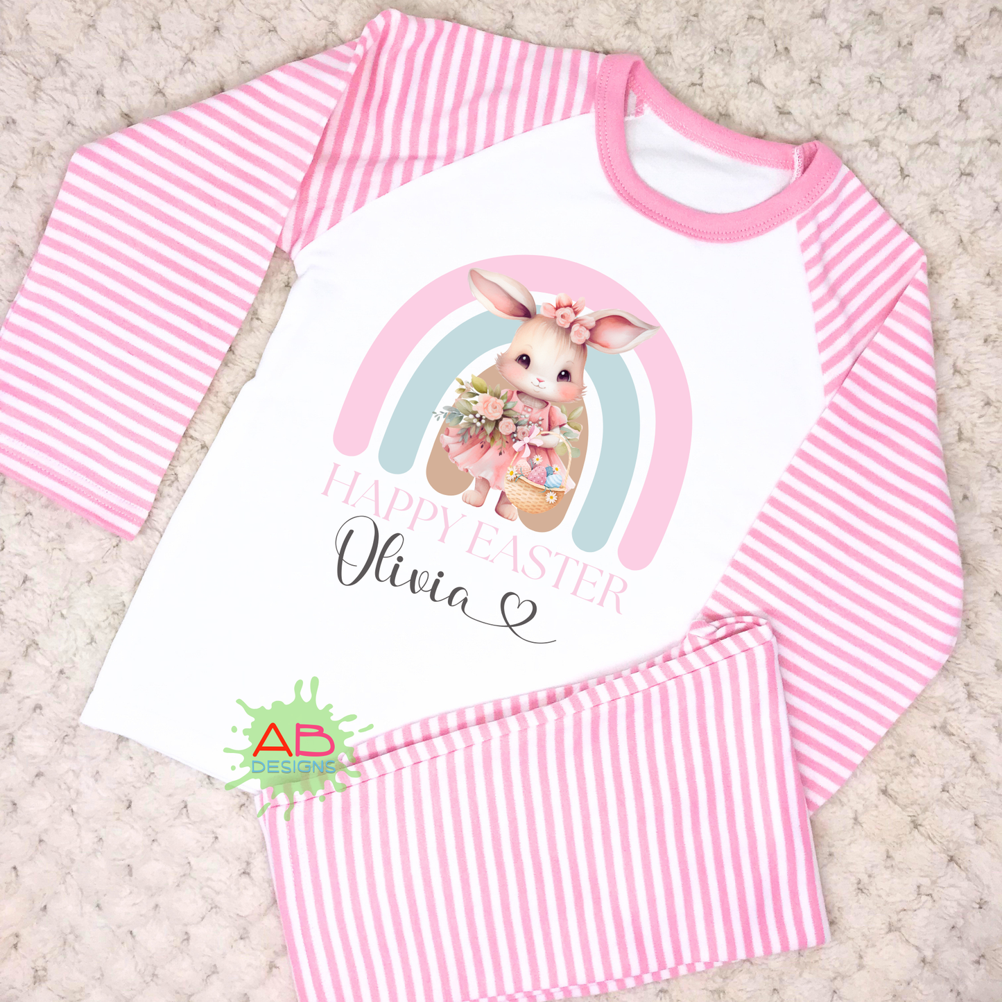 Easter PJs - Girls Cute White Rabbit Rainbow Pyjamas, When i wake up easter