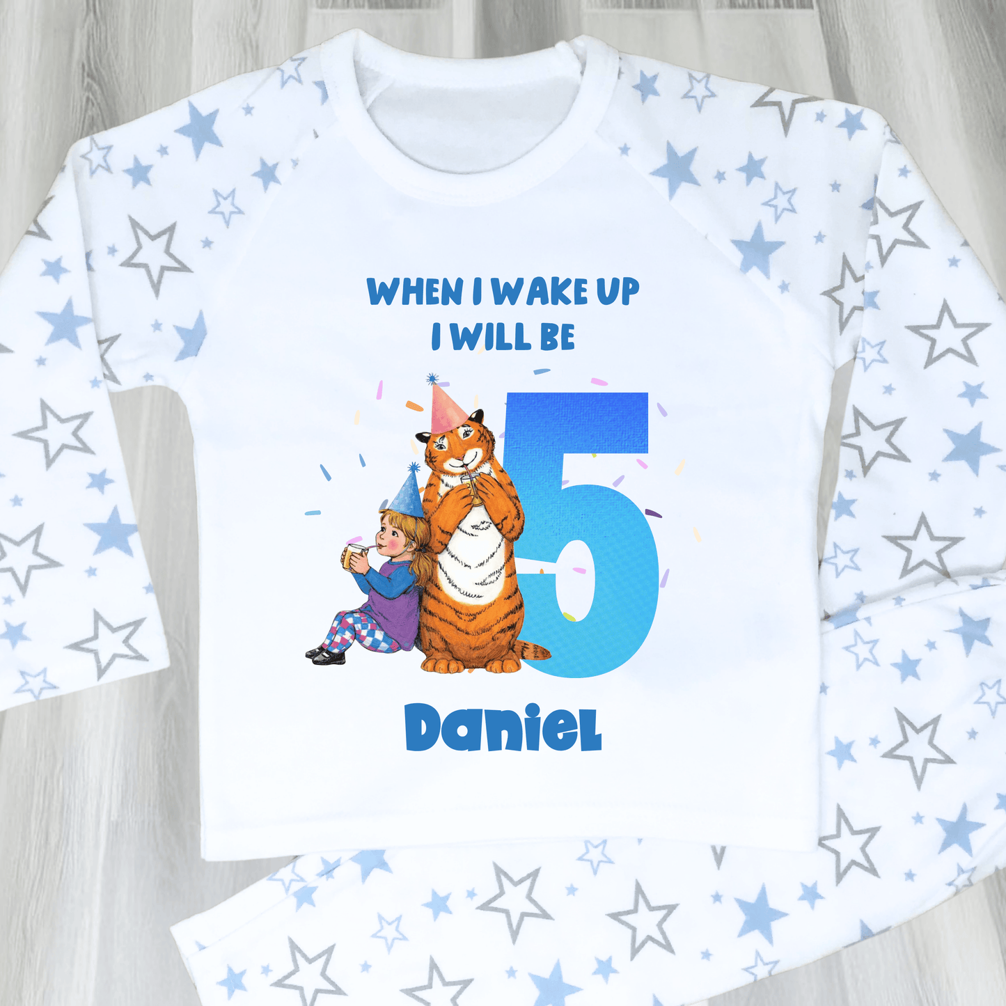 Personalised The Tiger Who Came For Tea Birthday Pyjamas for Boys with custom name and age