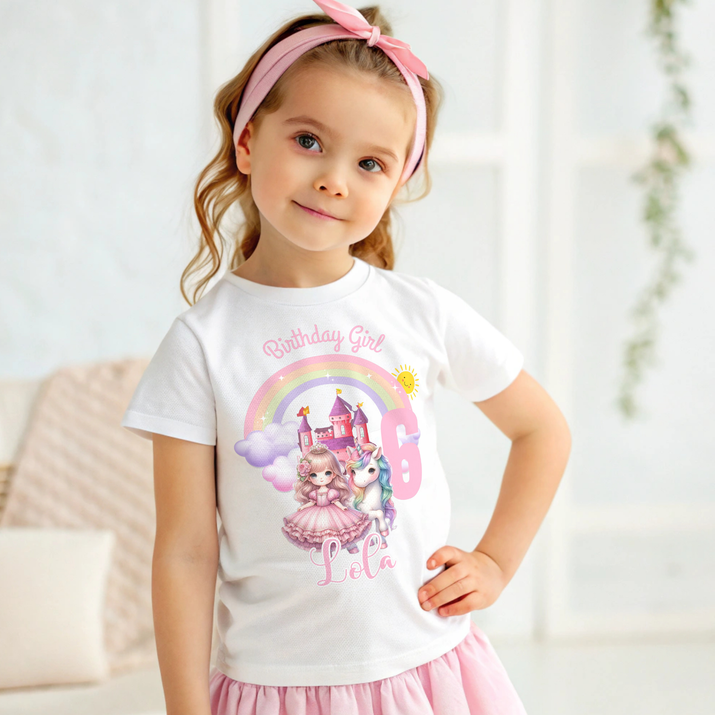 Girls' Personalised Princess and her Unicorn Birthday t-shirt - any name and age