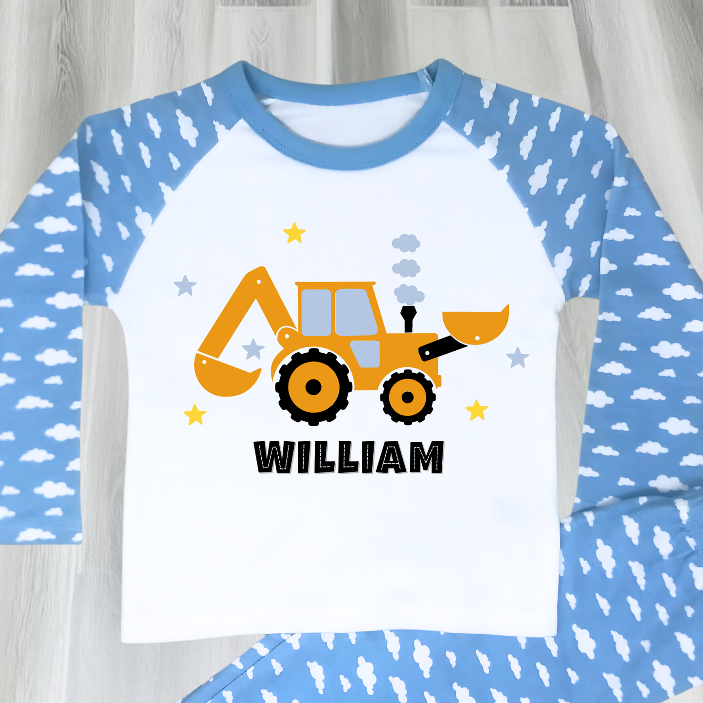 personalised digger pyjamas, boys tractor pyjamas with name, personalised toddler pyjamas, toddler birthday ideas,