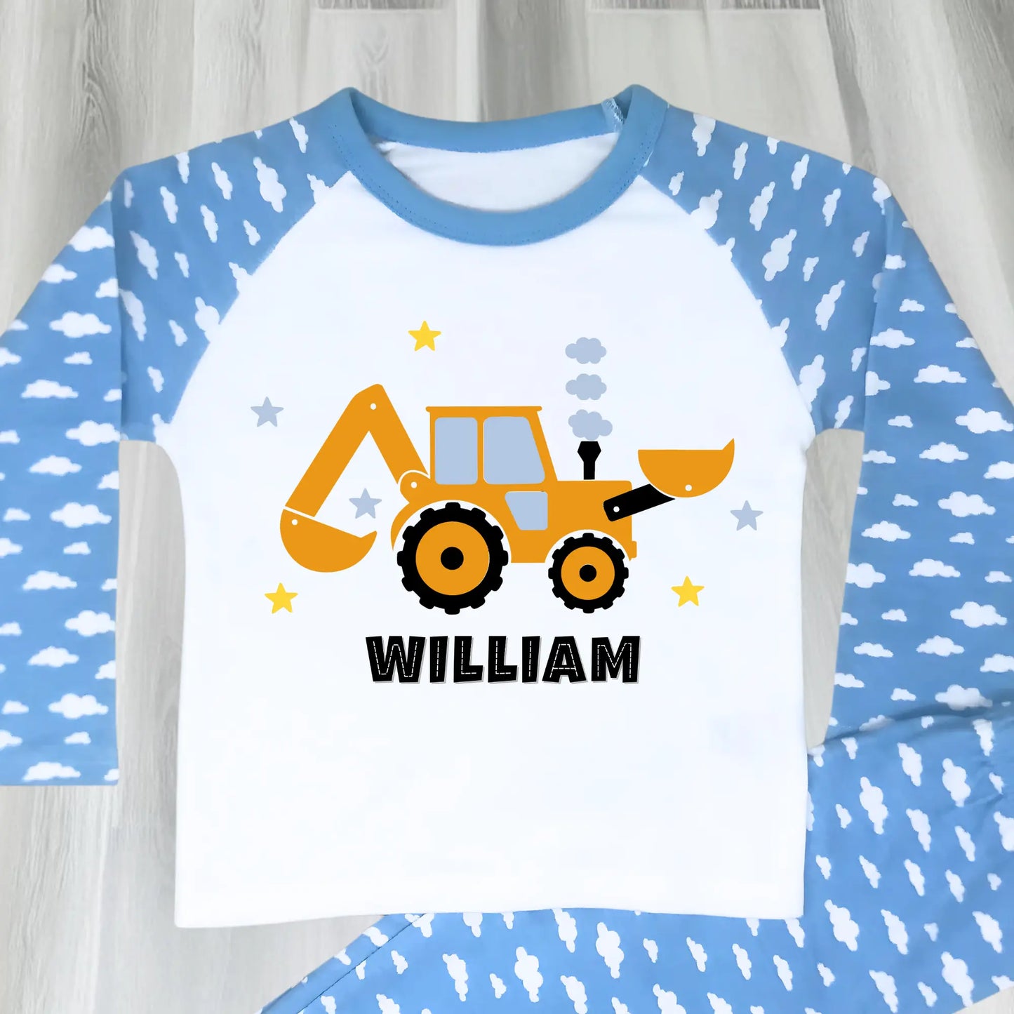 personalised digger pyjamas, boys tractor pyjamas with name, personalised toddler pyjamas, toddler birthday ideas,