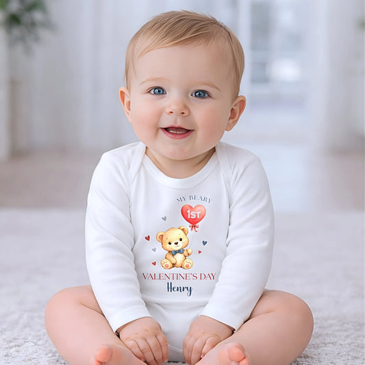 personalised first valentines day out for baby boys with a cute bear. It has custom name and will make the perfect baby gift for baby boys
