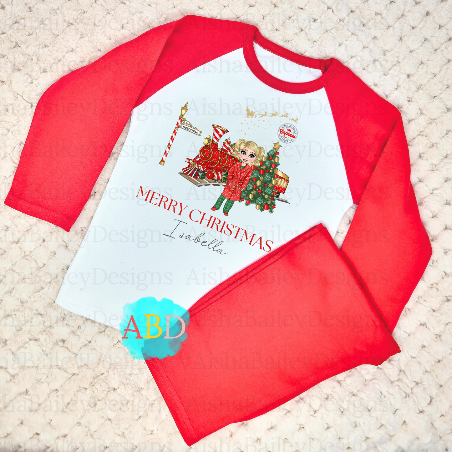 Girls Christmas Pyjamas, Dolly Polar Express Train Christmas Eve Pyjamas with Personalisation